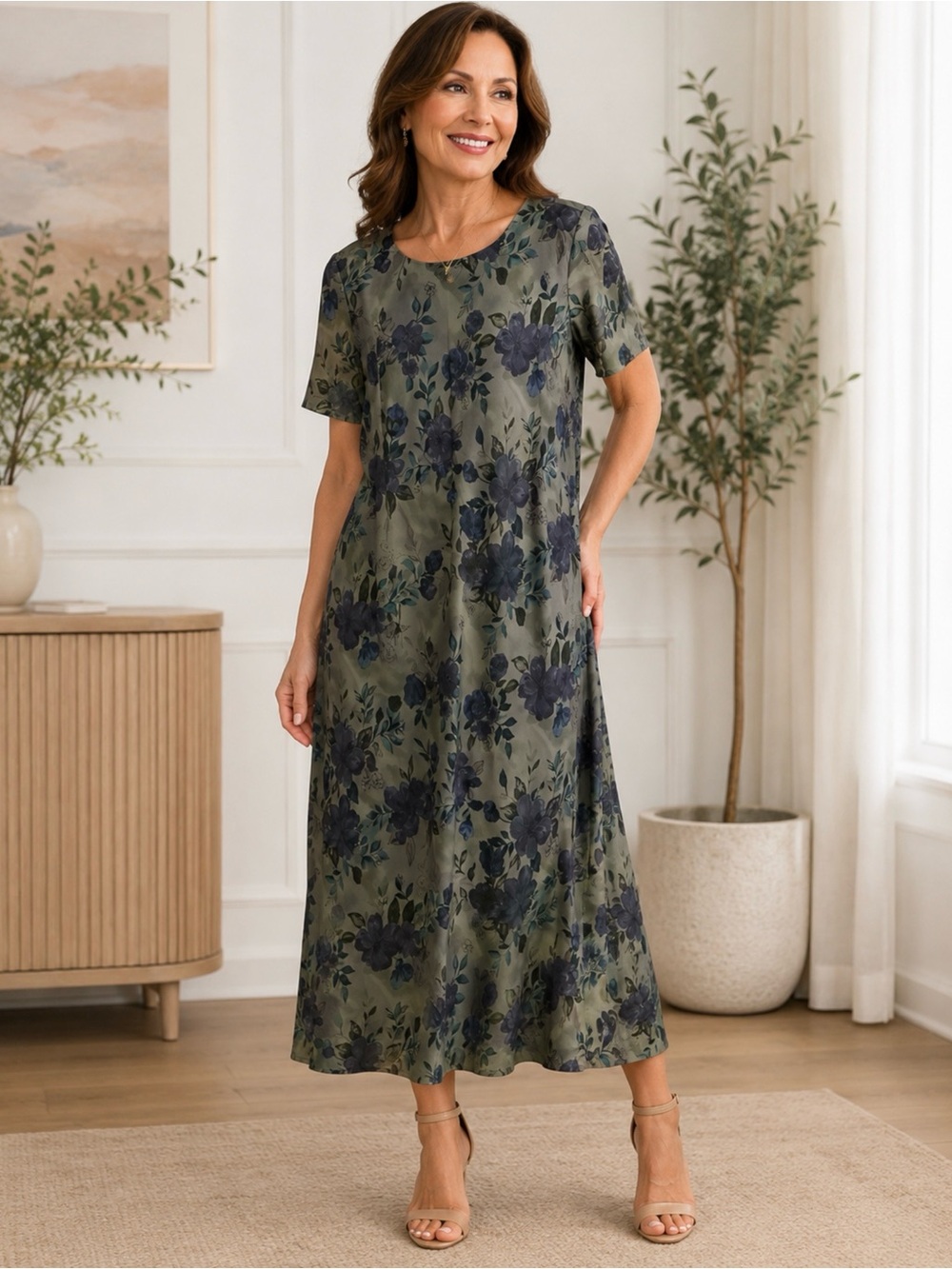 More Jazz Women’s Gray Blue Floral Midi Dress Size 18 Short Sleeve